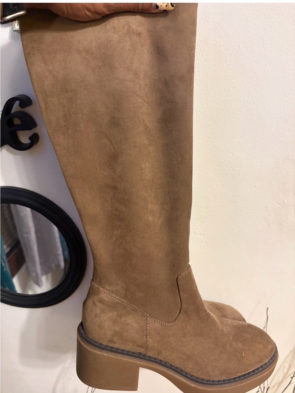 White Mountain Tan Suede Knee-High Block Heel Boots
